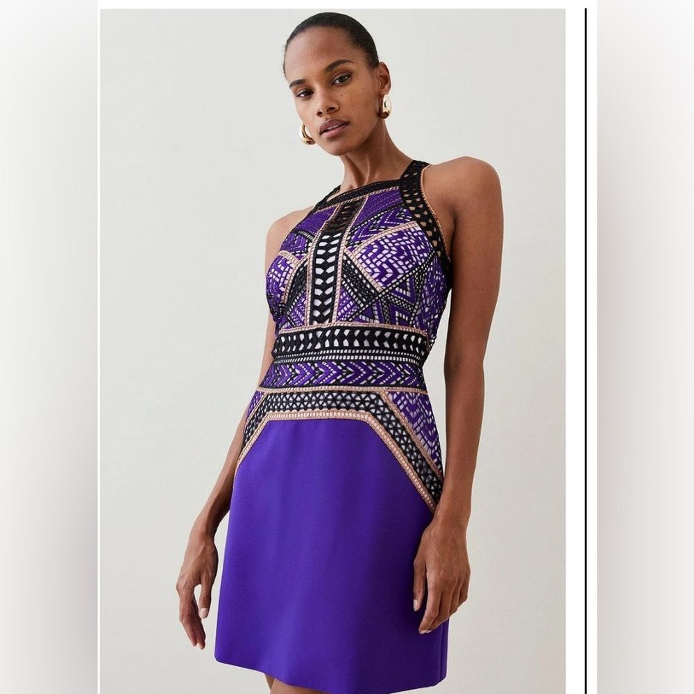 Nwt Karen Millen Geo Guipure Metallic Lace Woven Mini Dress Sz 10